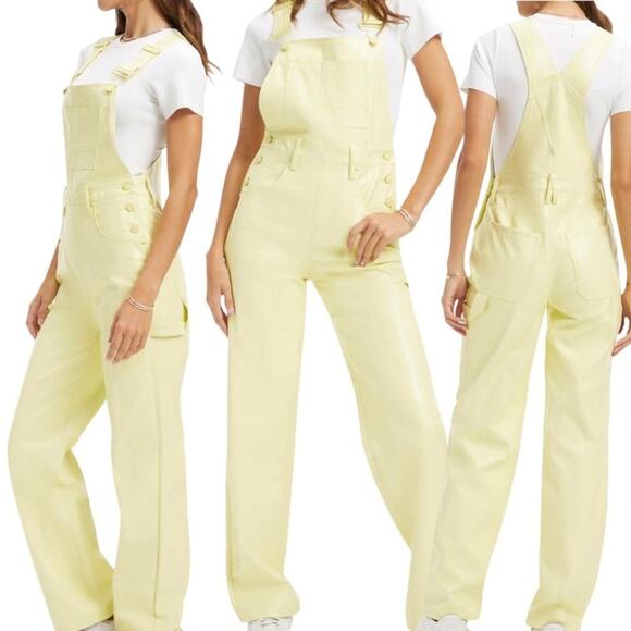 NWT Good American Faux Leather Straight Leg Overalls Key lime color Size 8 - Picture 5 of 10